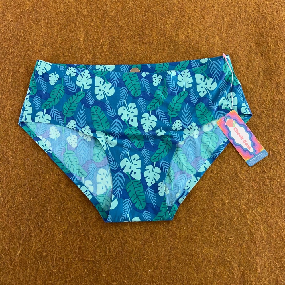 Cheek Boss Womens L Blue Tropical Monstera Leaf Seamless High Waist Brief NWT
